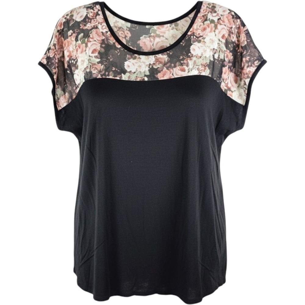 Unbranded Floral Mesh Yoke Top Womens Plus Size Black Short Sleeve Scoop Neck